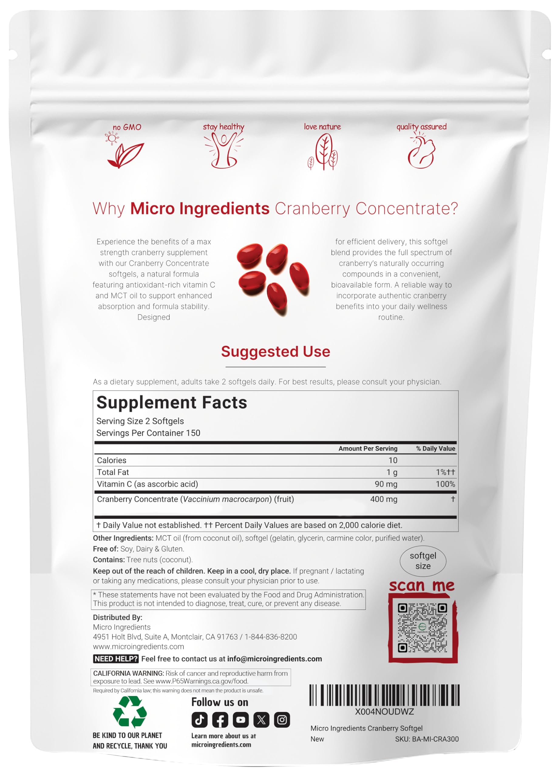Micro Ingredients Cranberry 300 Softgels Supplement Facts Label