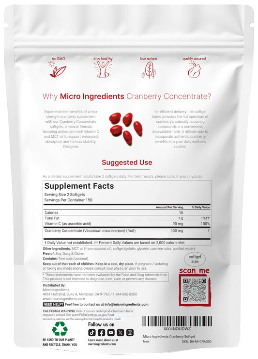 Micro Ingredients Cranberry 300 Softgels Supplement Facts Label