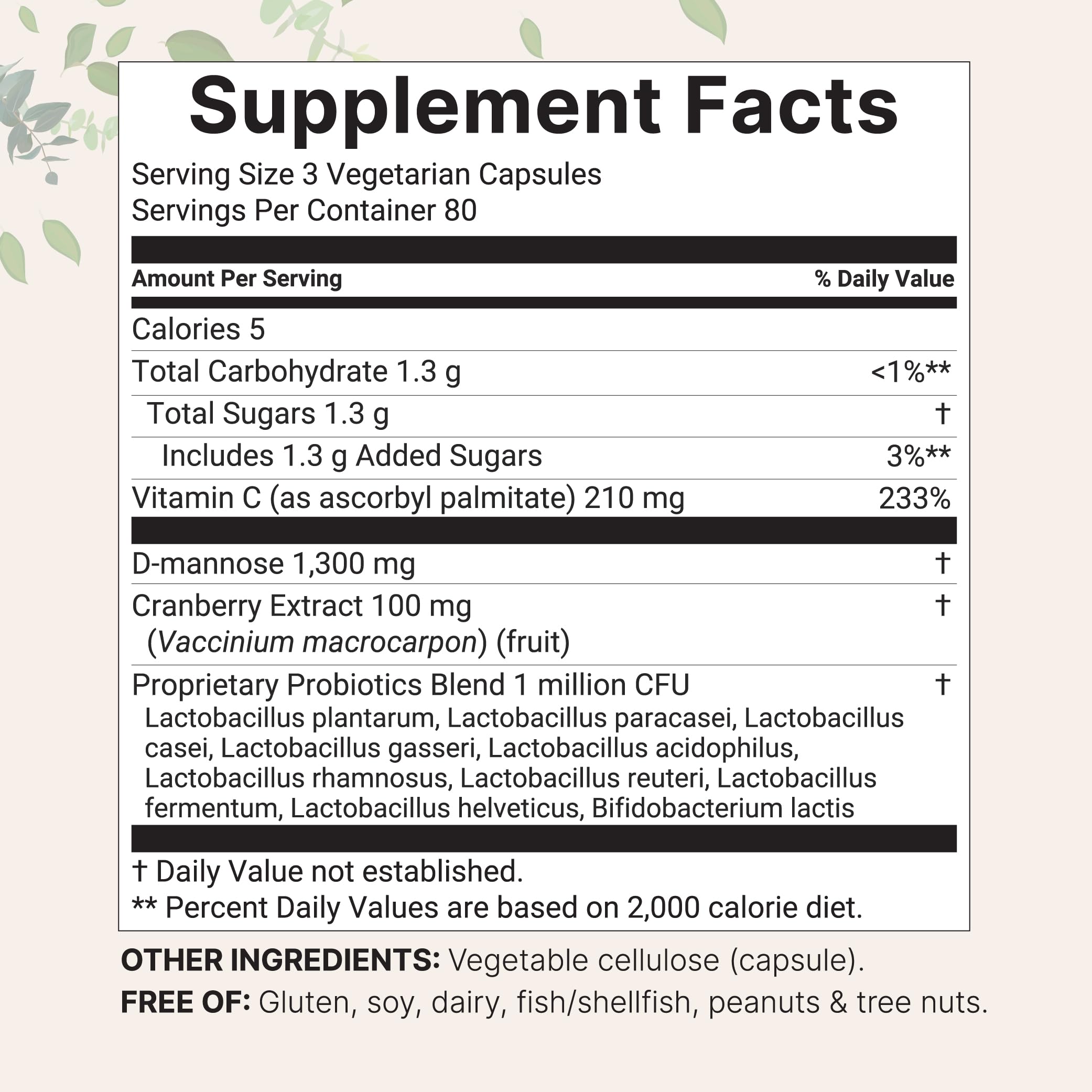 Micro Ingredients Pure D-Mannose 240 Capsules supplement facts label