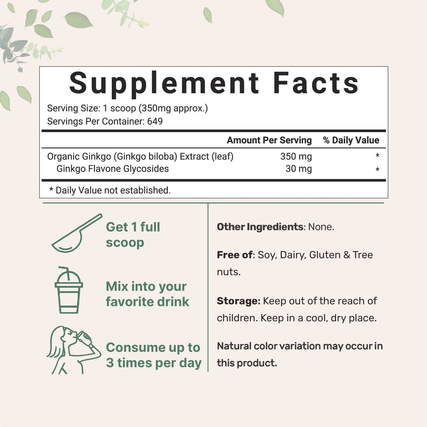 Back label view of organic ginkgo biloba powder showing nutrition facts and serving sizes