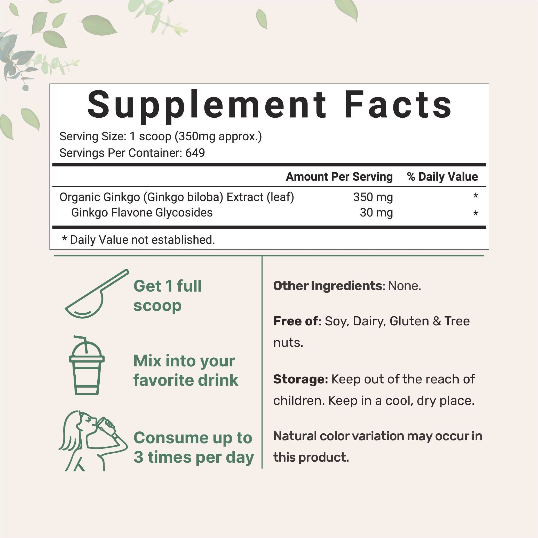 Back label view of organic ginkgo biloba powder showing nutrition facts and serving sizes