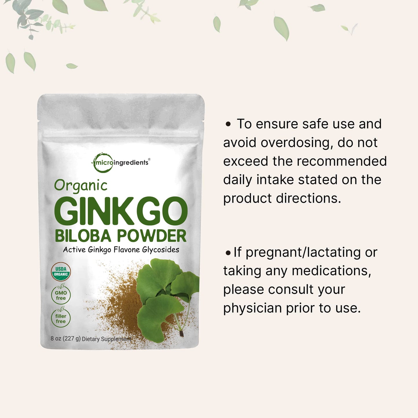 Texture shot of green organic ginkgo biloba extract powder next to the packaging bag