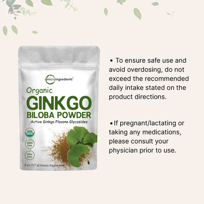 Texture shot of green organic ginkgo biloba extract powder next to the packaging bag