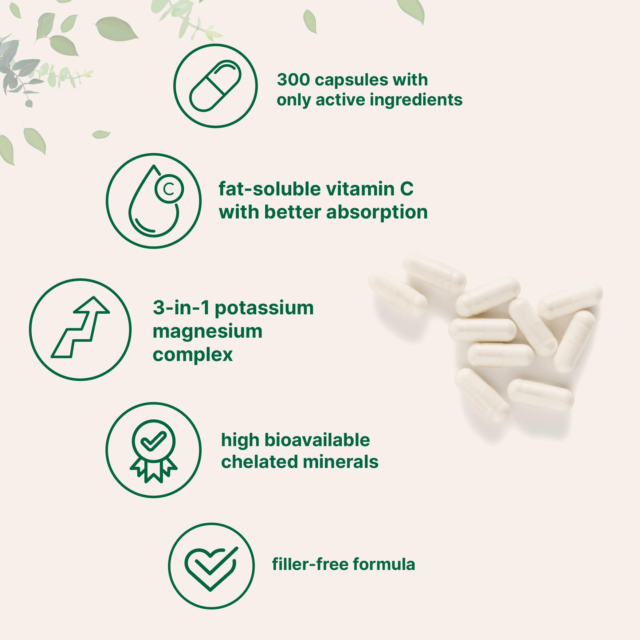 Back label view of potassium chloride and magnesium glycinate dietary supplement demonstrating pure allergy-free credentials