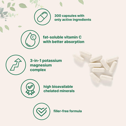 Back label view of potassium chloride and magnesium glycinate dietary supplement demonstrating pure allergy-free credentials