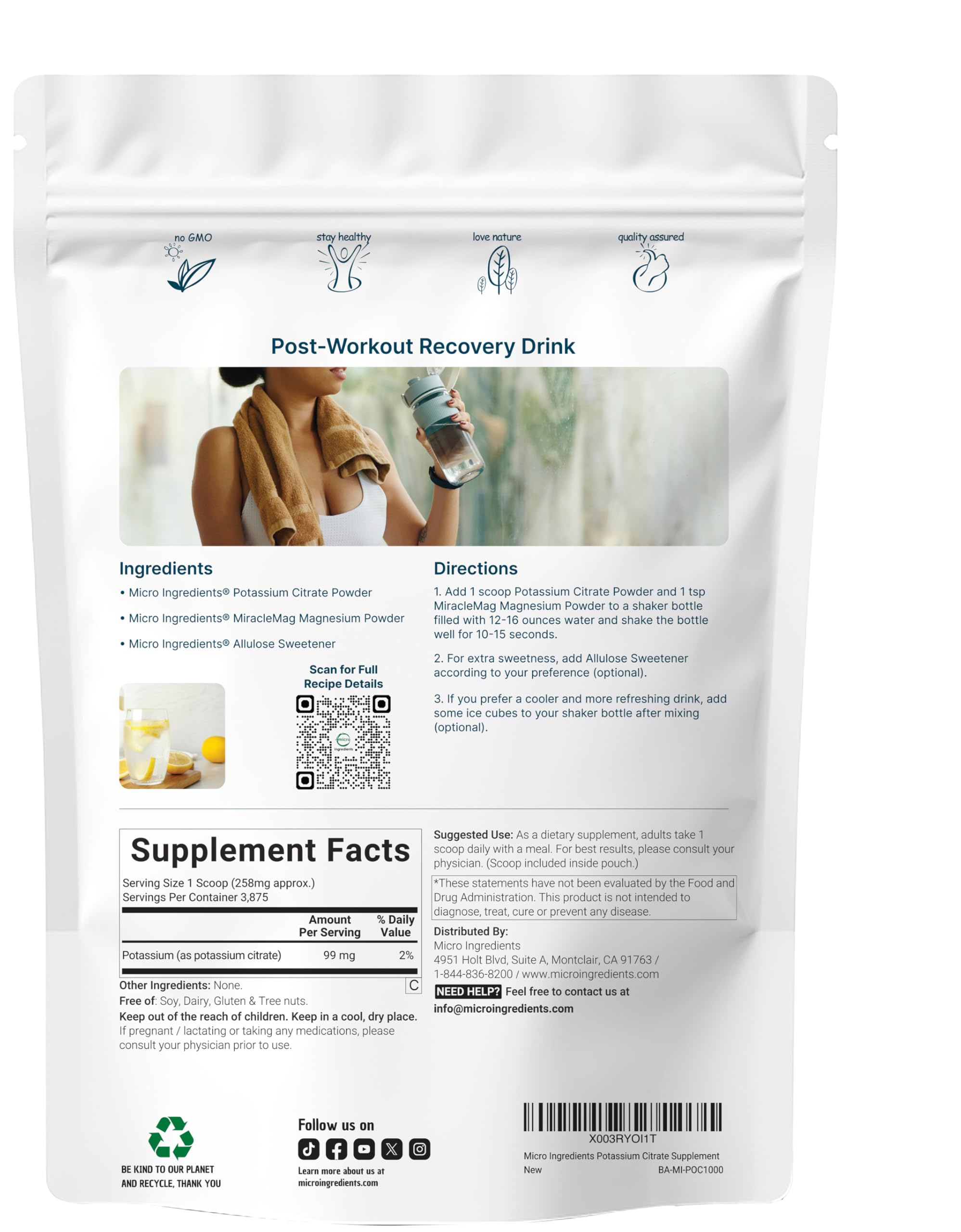 Micro Ingredients pure electrolyte supplement bag showcasing clean non-GMO label details.
