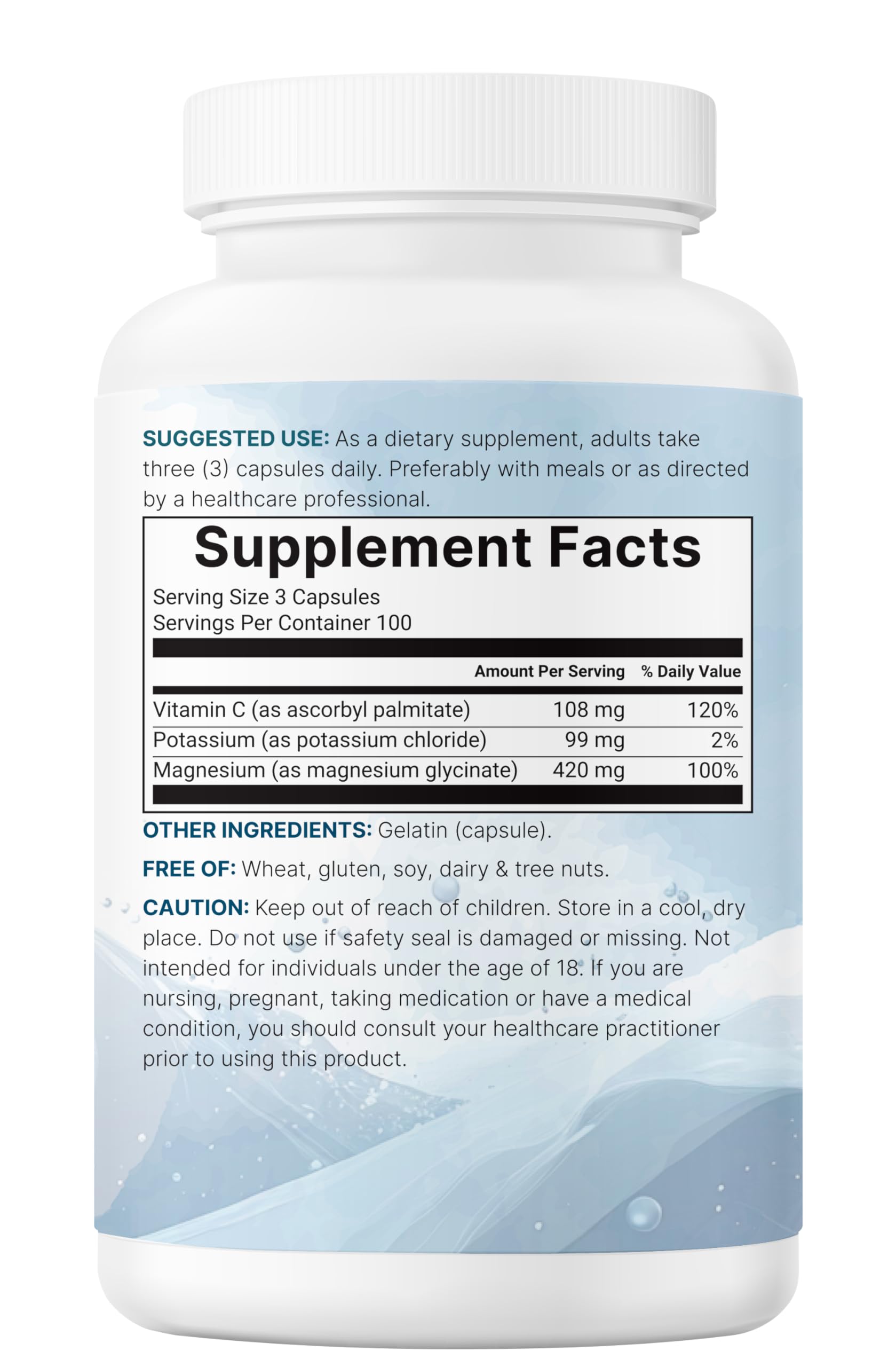 Authentic imported bottle of magnesium glycinate and potassium displayed on clean surface for premium quality assurance