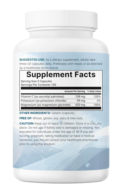 Authentic imported bottle of magnesium glycinate and potassium displayed on clean surface for premium quality assurance