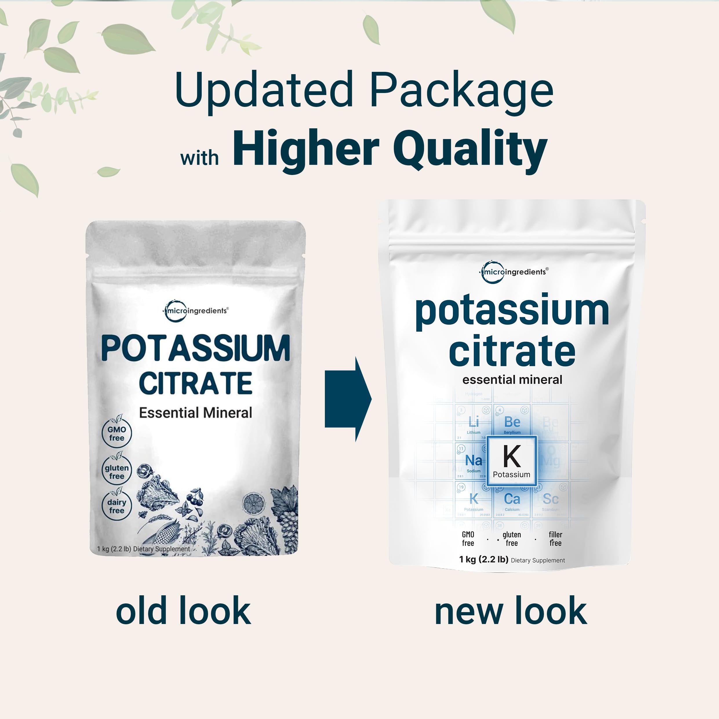 Unflavored potassium citrate powder bag displaying allergen free and gluten free certifications.