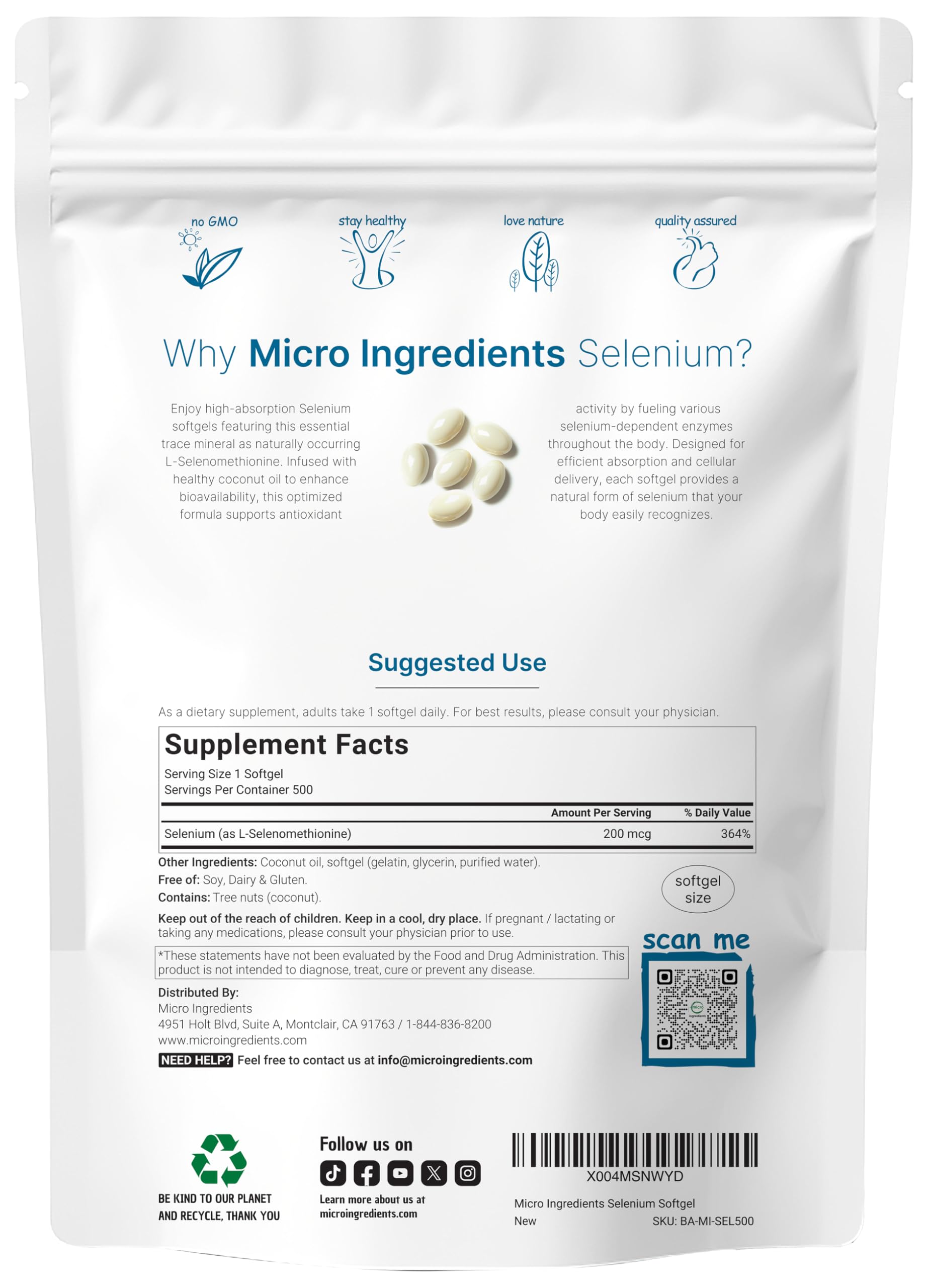 Micro Ingredients Selenium 500 softgels packaging showing coconut oil infusion benefits