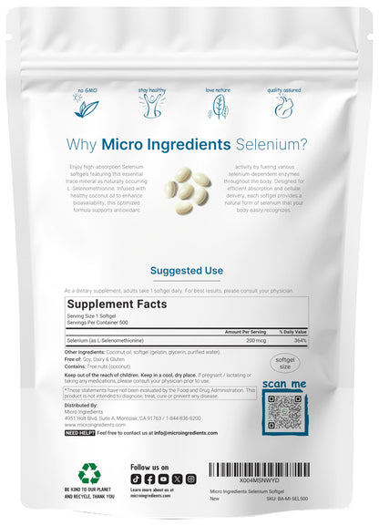 Micro Ingredients Selenium 500 softgels packaging showing coconut oil infusion benefits