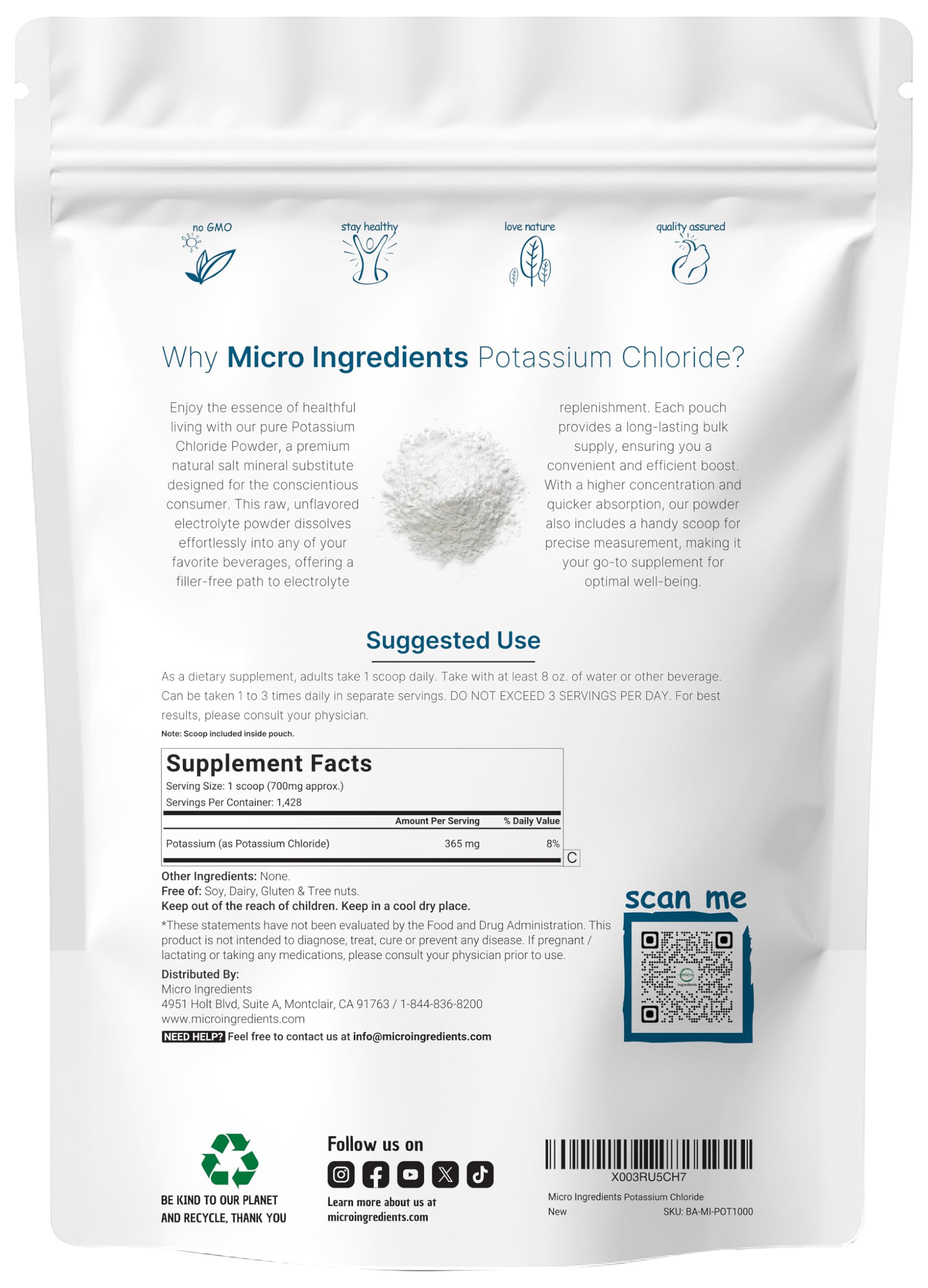 Pure potassium chloride electrolyte supplement unflavored powder texture