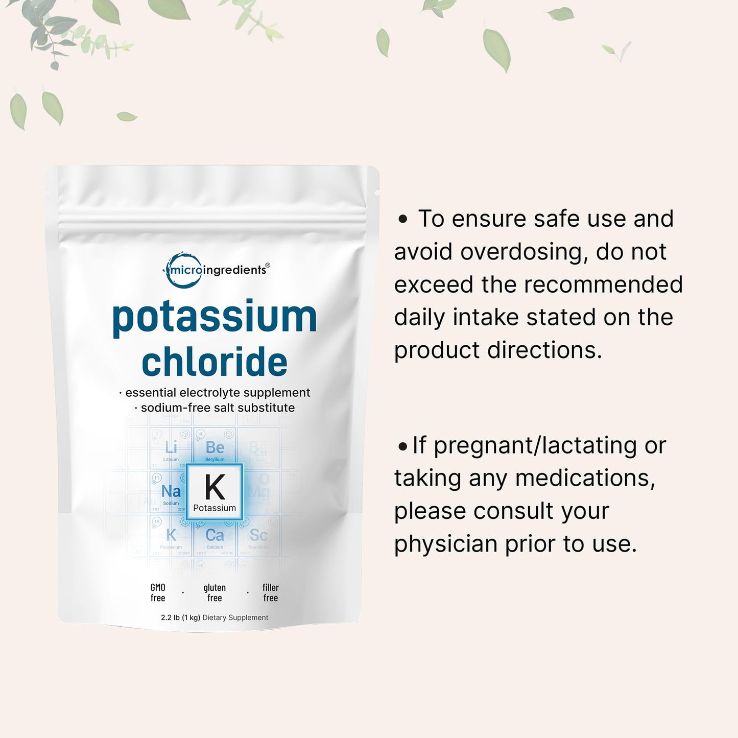Filler free non GMO potassium chloride powder lifestyle packaging