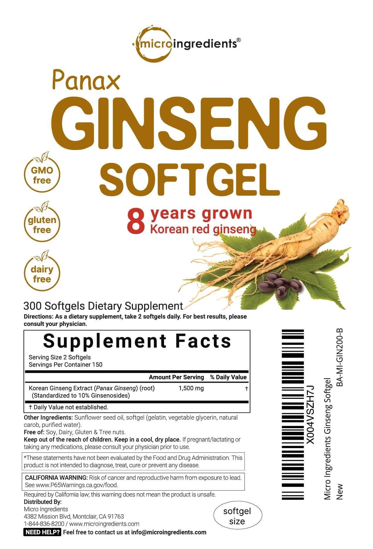Back label of Micro Ingredients Panax Ginseng showing nutritional facts and 300 softgels quantity