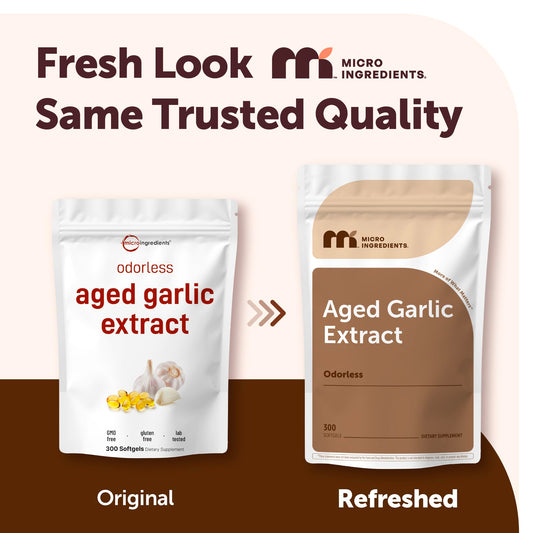Micro Ingredients 24 month aged garlic extract bottle displaying non GMO and gluten free labels.