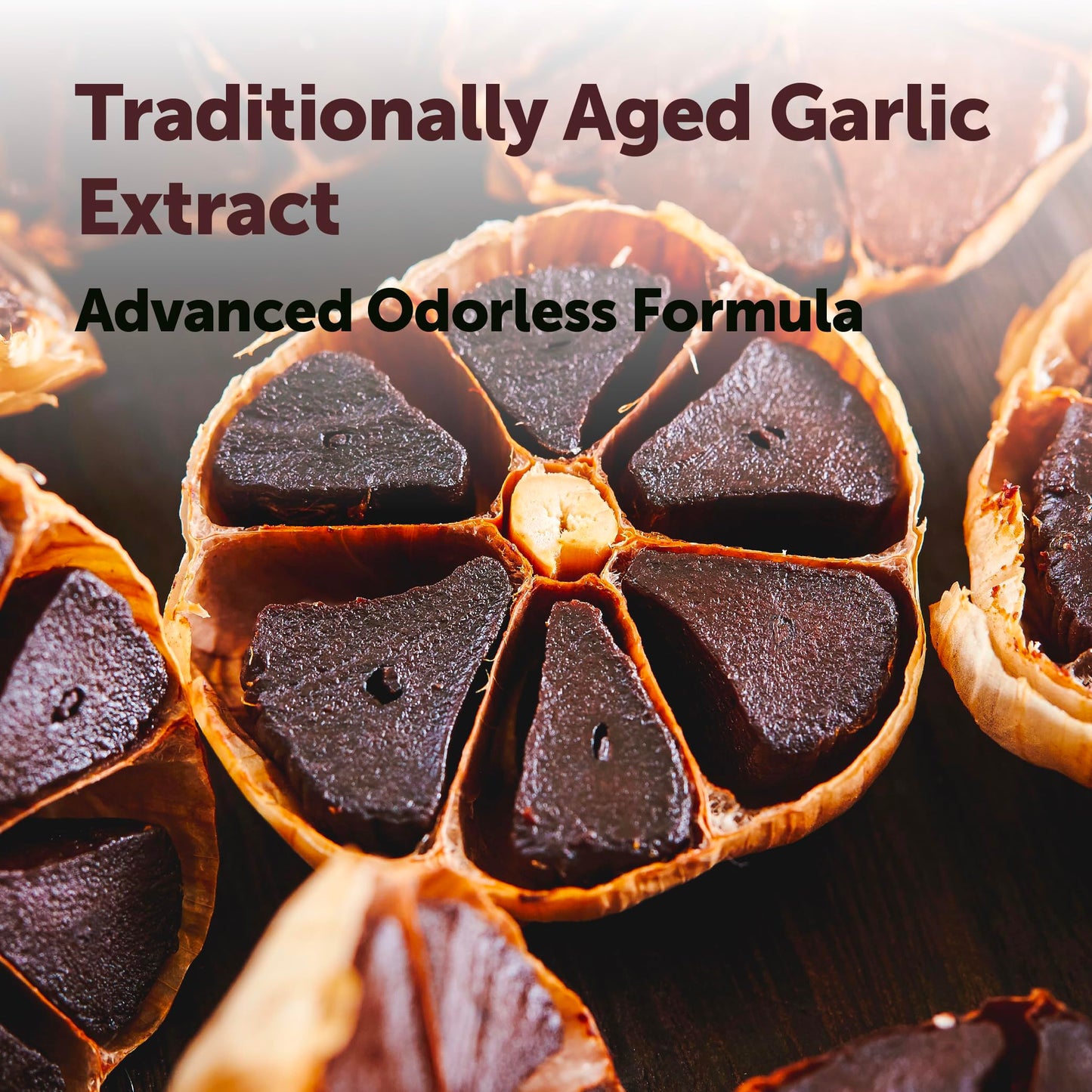 Close up of easy to swallow antioxidant rich aged garlic oil softgels for cardiovascular health.