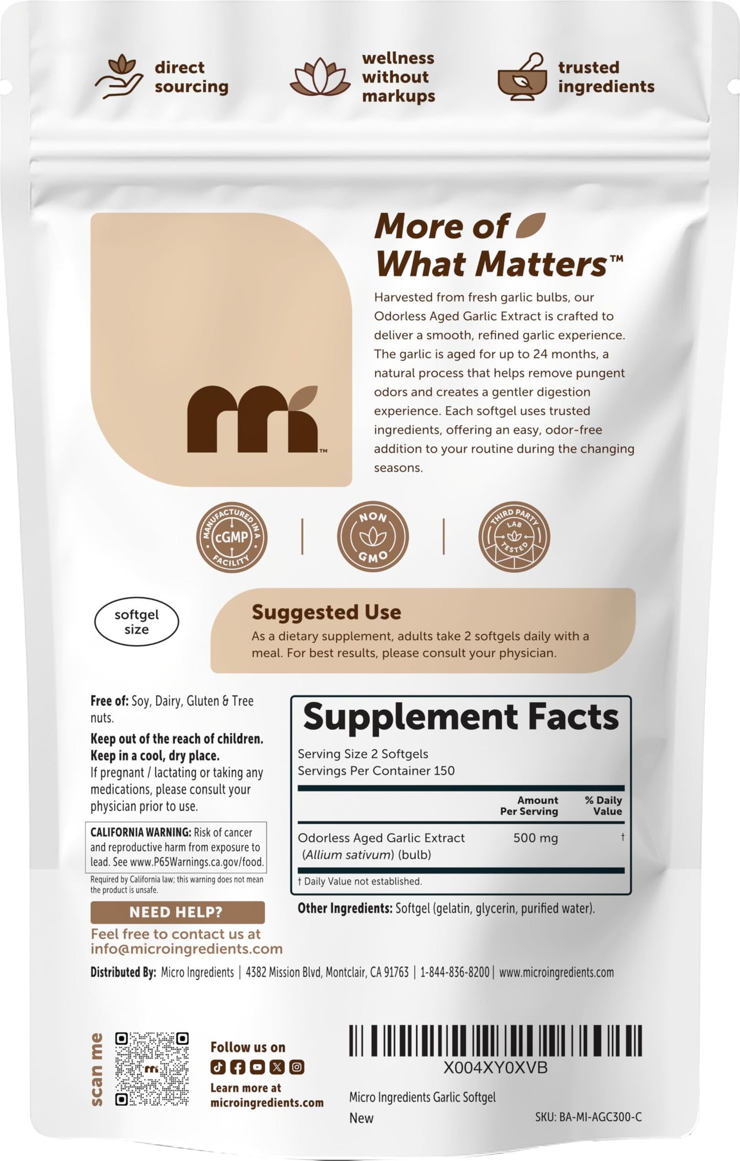 Micro Ingredients aged garlic extract softgels showing third party lab tested premium quality seal.