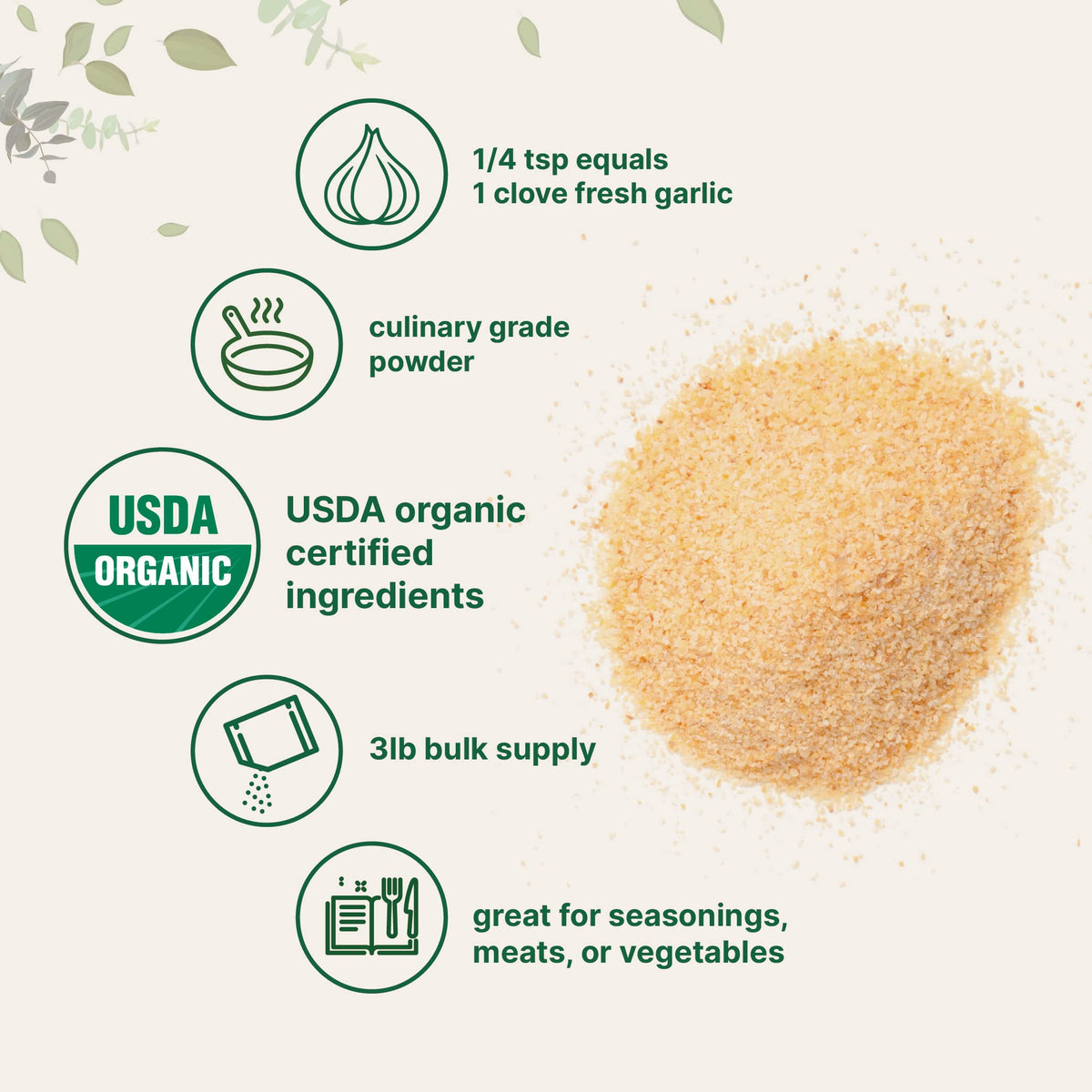 Close up of USDA organic garlic powder label