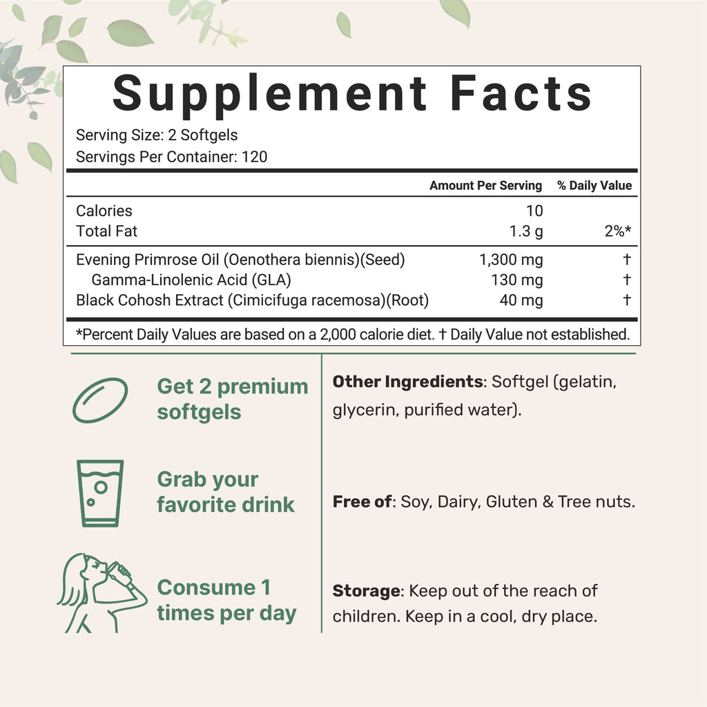 Micro Ingredients Evening Primrose Oil pouch highlighting the 1300mg serving size and black cohosh blend.