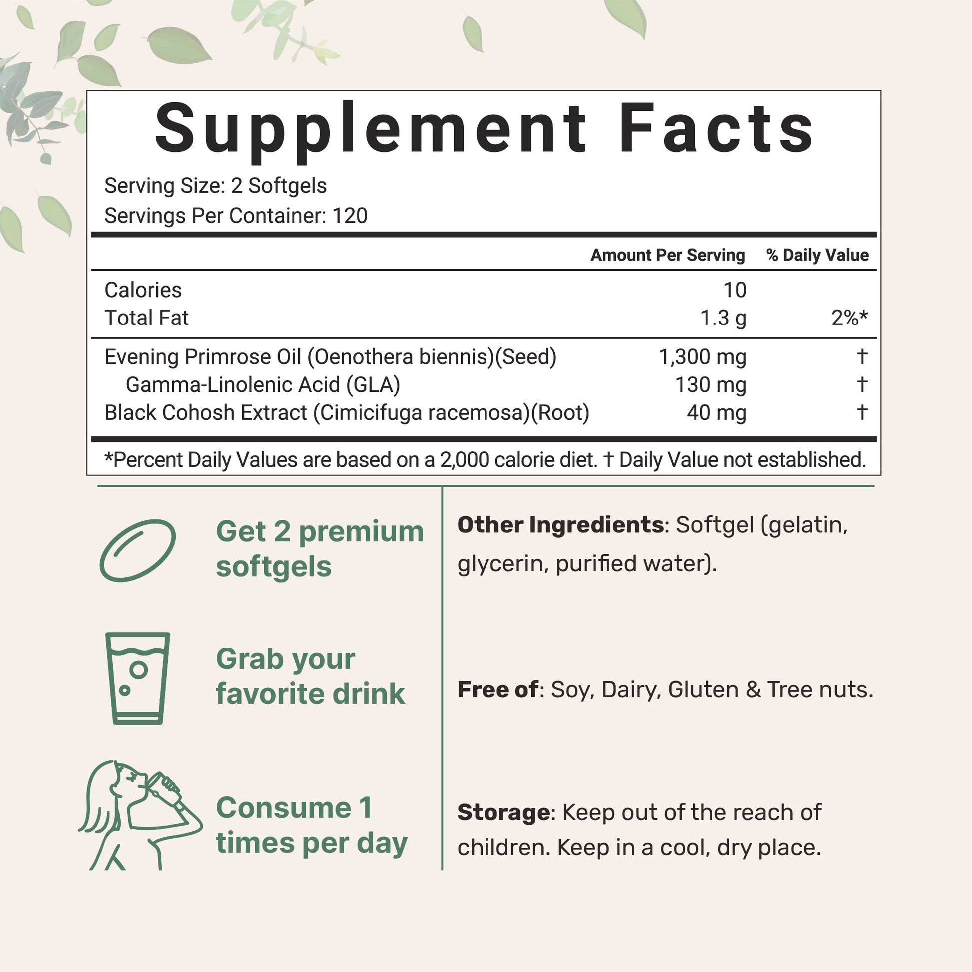 Micro Ingredients Evening Primrose Oil pouch highlighting the 1300mg serving size and black cohosh blend.