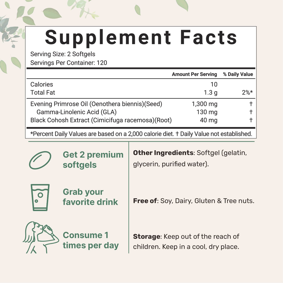 Micro Ingredients Evening Primrose Oil pouch highlighting the 1300mg serving size and black cohosh blend.