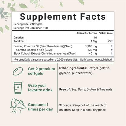 Micro Ingredients Evening Primrose Oil pouch highlighting the 1300mg serving size and black cohosh blend.