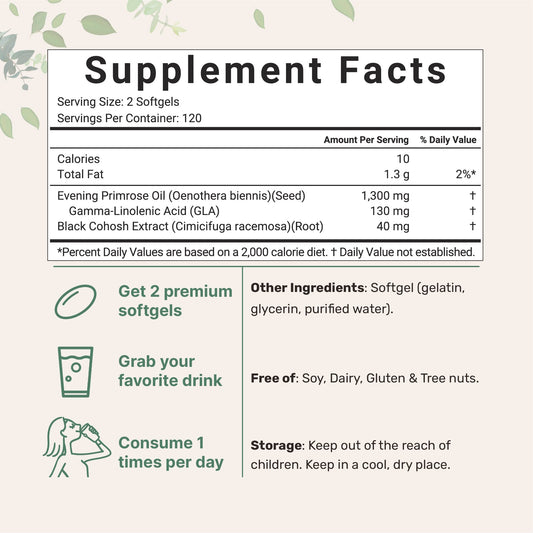 Micro Ingredients Evening Primrose Oil pouch highlighting the 1300mg serving size and black cohosh blend.