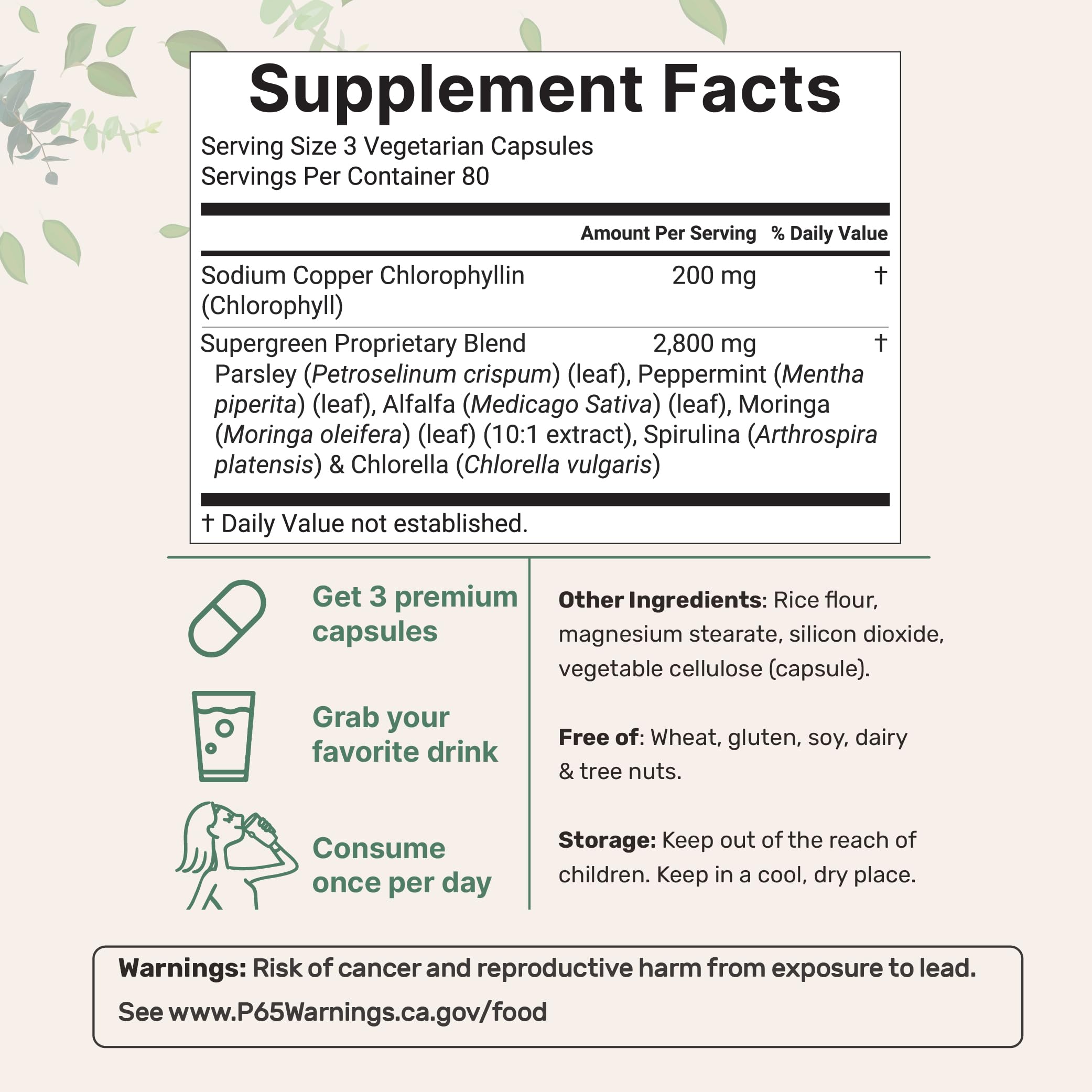 Micro Ingredients Chlorophyll 7-in-1 blend supplement facts and ingredients panel