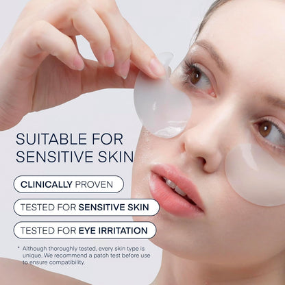 Close up of a single blue hydrogel eye patch demonstrating texture and thickness