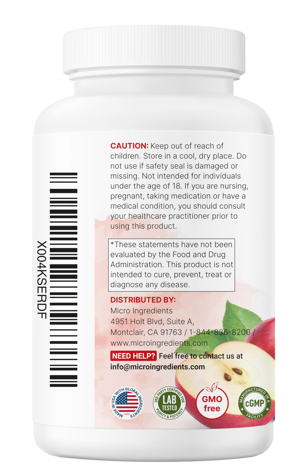 Micro Ingredients apple cider vinegar 150 day supply bottle packaging details.