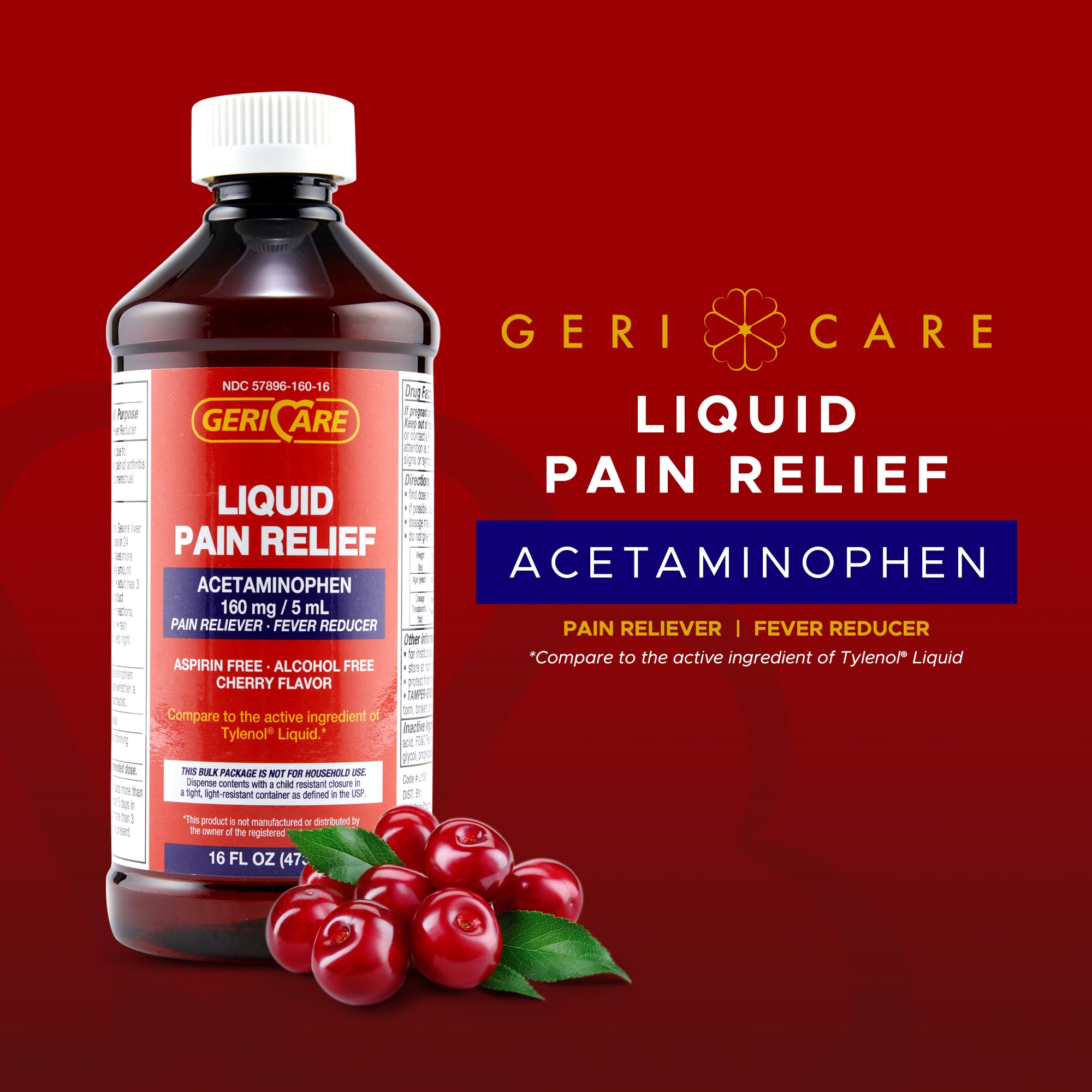 Gericare cherry flavored liquid pain reliever bottle