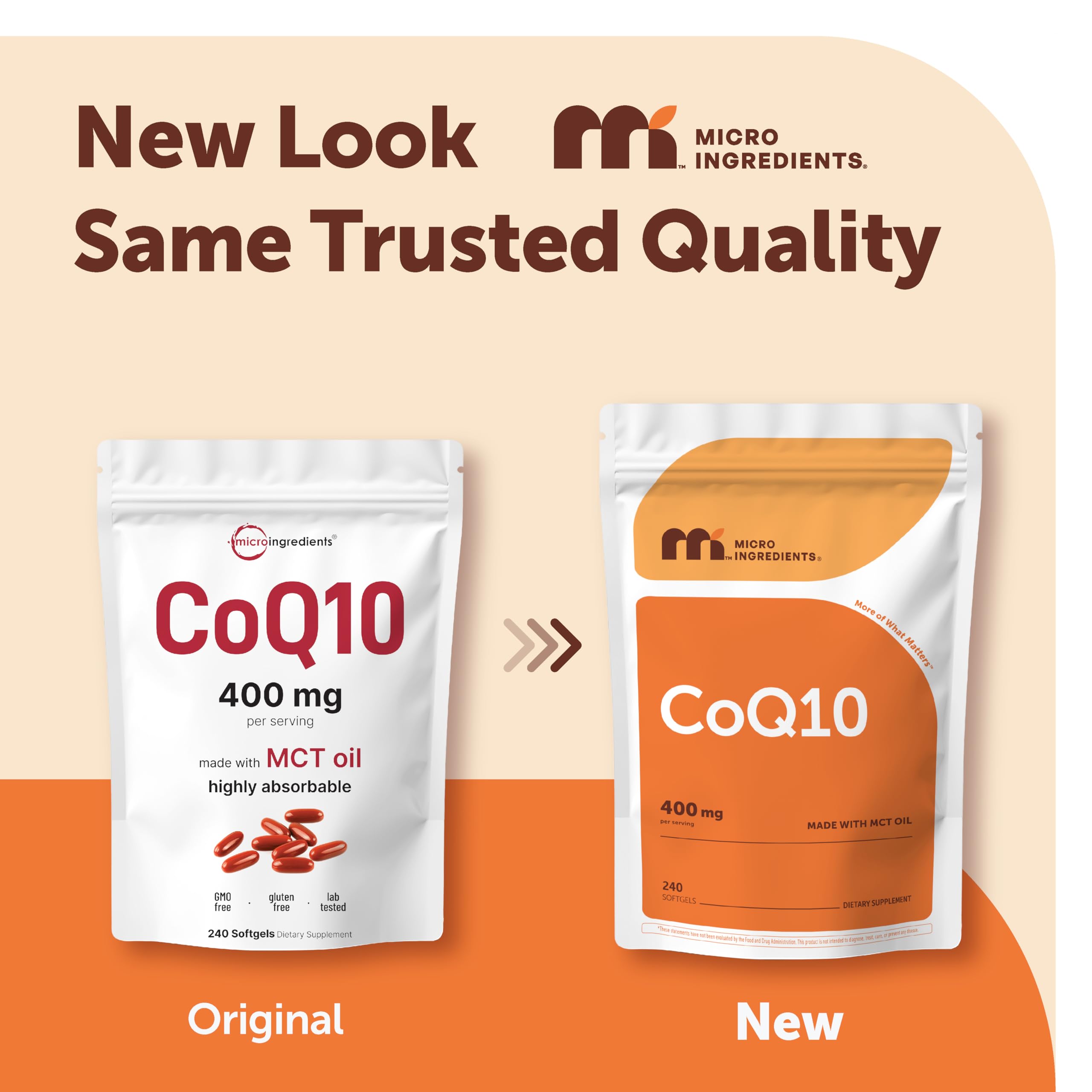 Micro Ingredients Coenzyme Q10 softgels enriched with coconut MCT oil back label showing dietary facts and ingredients.