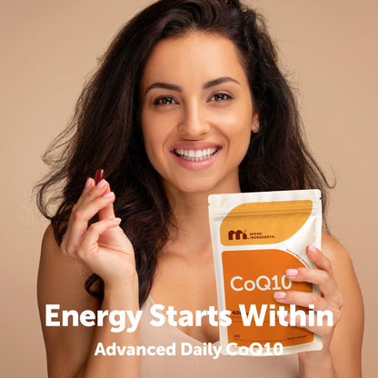 Micro Ingredients Coenzyme Q10 pouch demonstrating the four month supply of two hundred and forty softgels.
