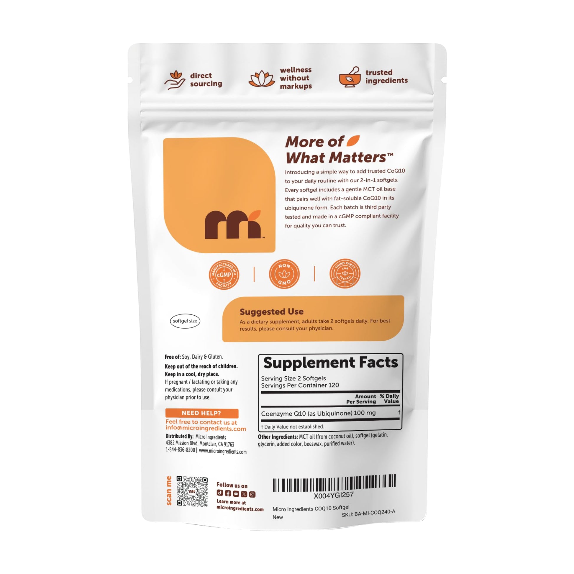 Back label view of Micro Ingredients CoQ10 softgels showing clear instructions for proper daily usage