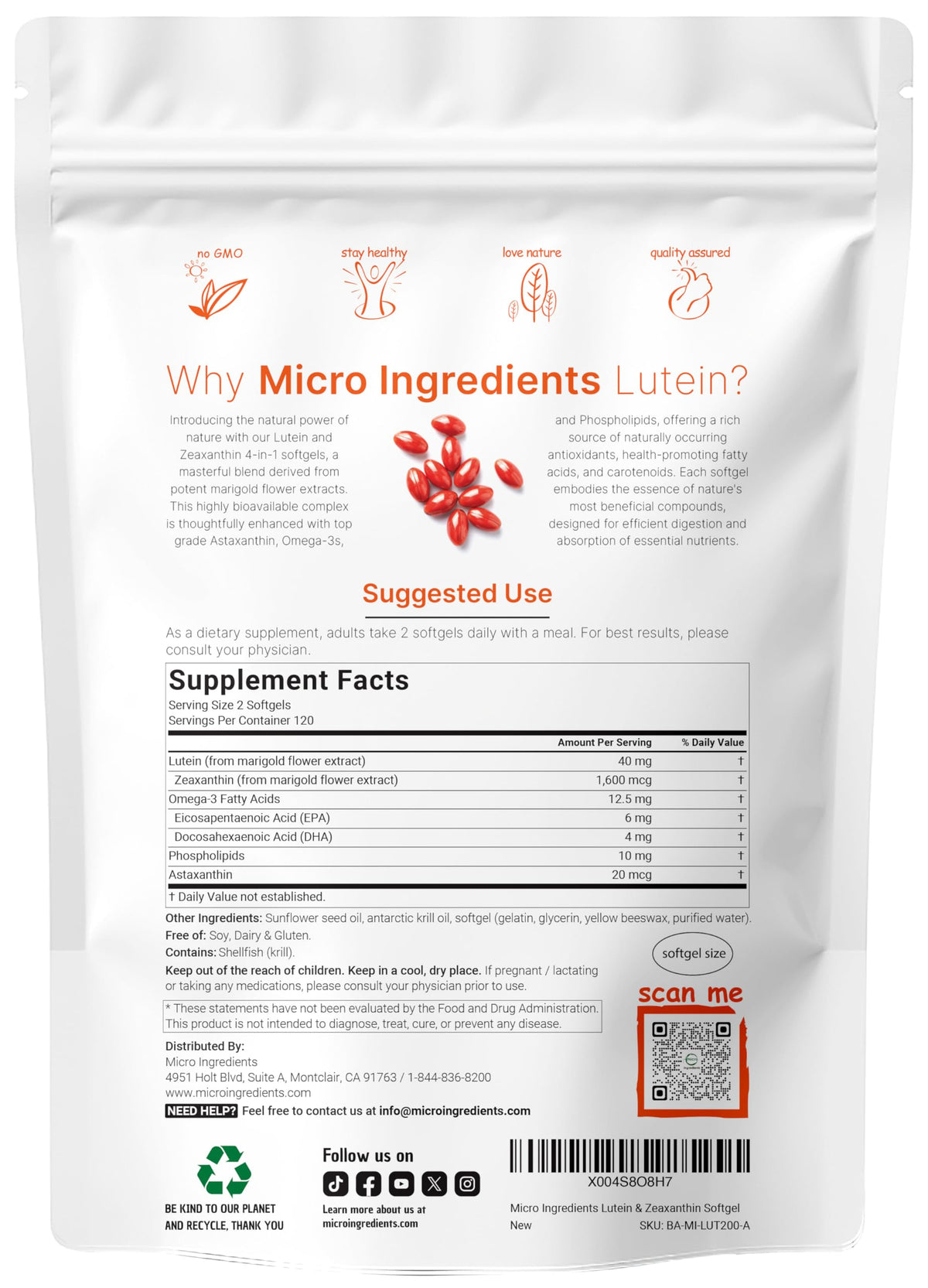 Micro Ingredients Lutein And Zeaxanthin 240 Softgels nutrition facts label