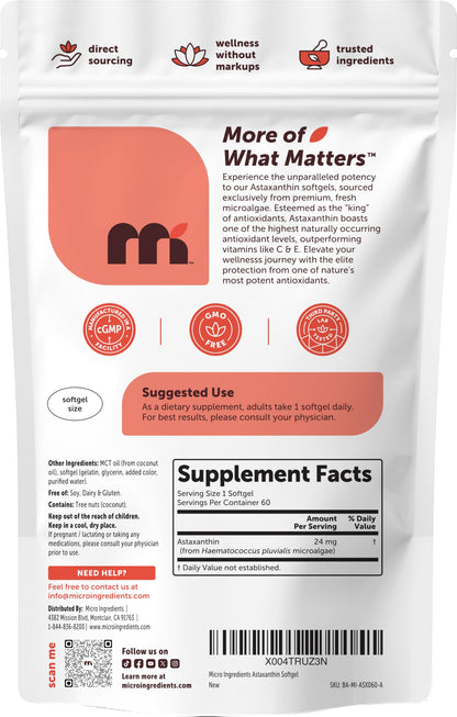 Imported USA skincare and joint health astaxanthin supplement pouch back panel