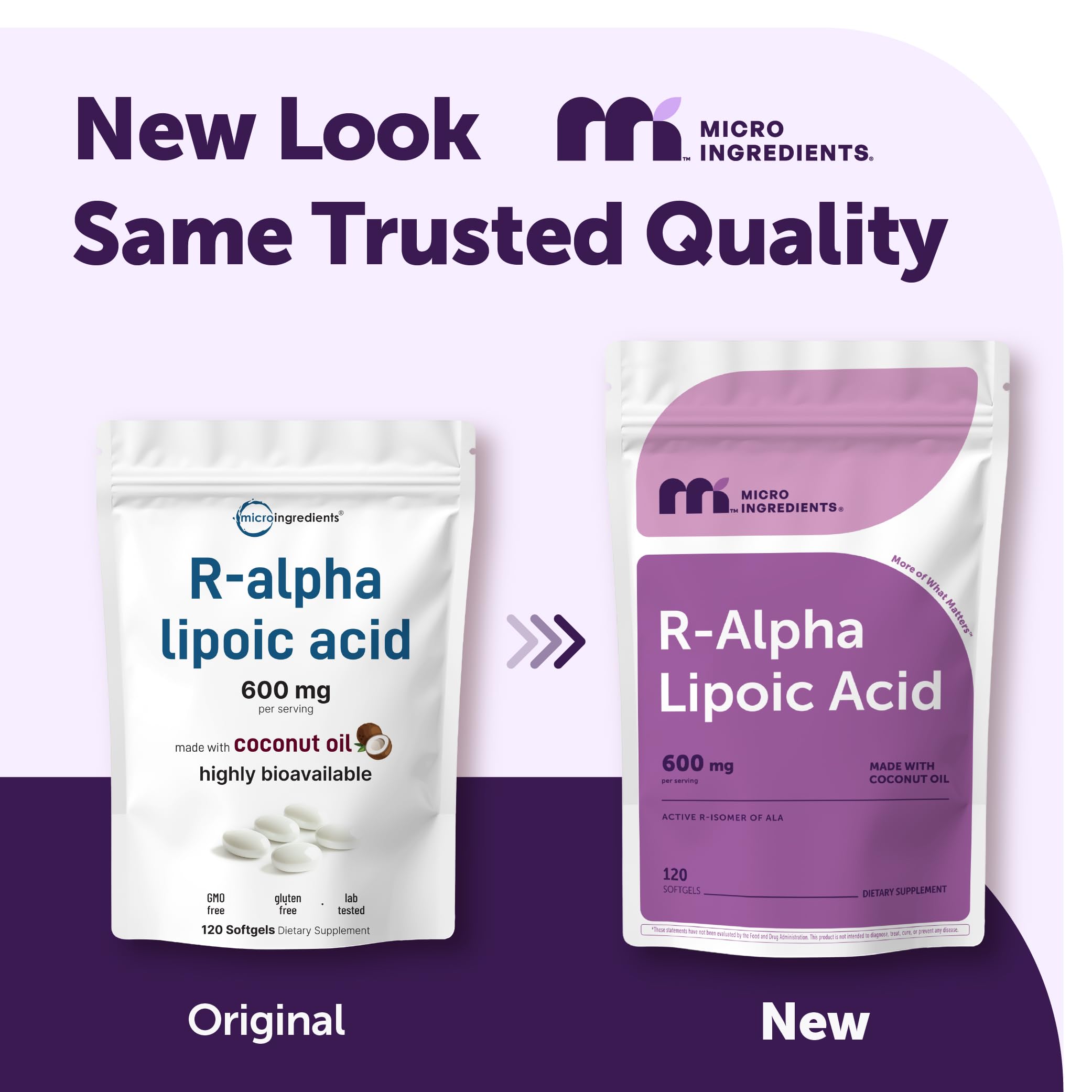 Micro Ingredients R-ALA with coconut oil supplement facts label displaying ingredients and serving size details.