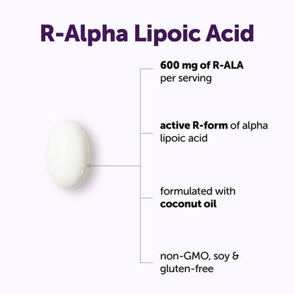Premium bioactive R-Alpha Lipoic Acid softgels poured out highlighting the pure coconut oil infusion.
