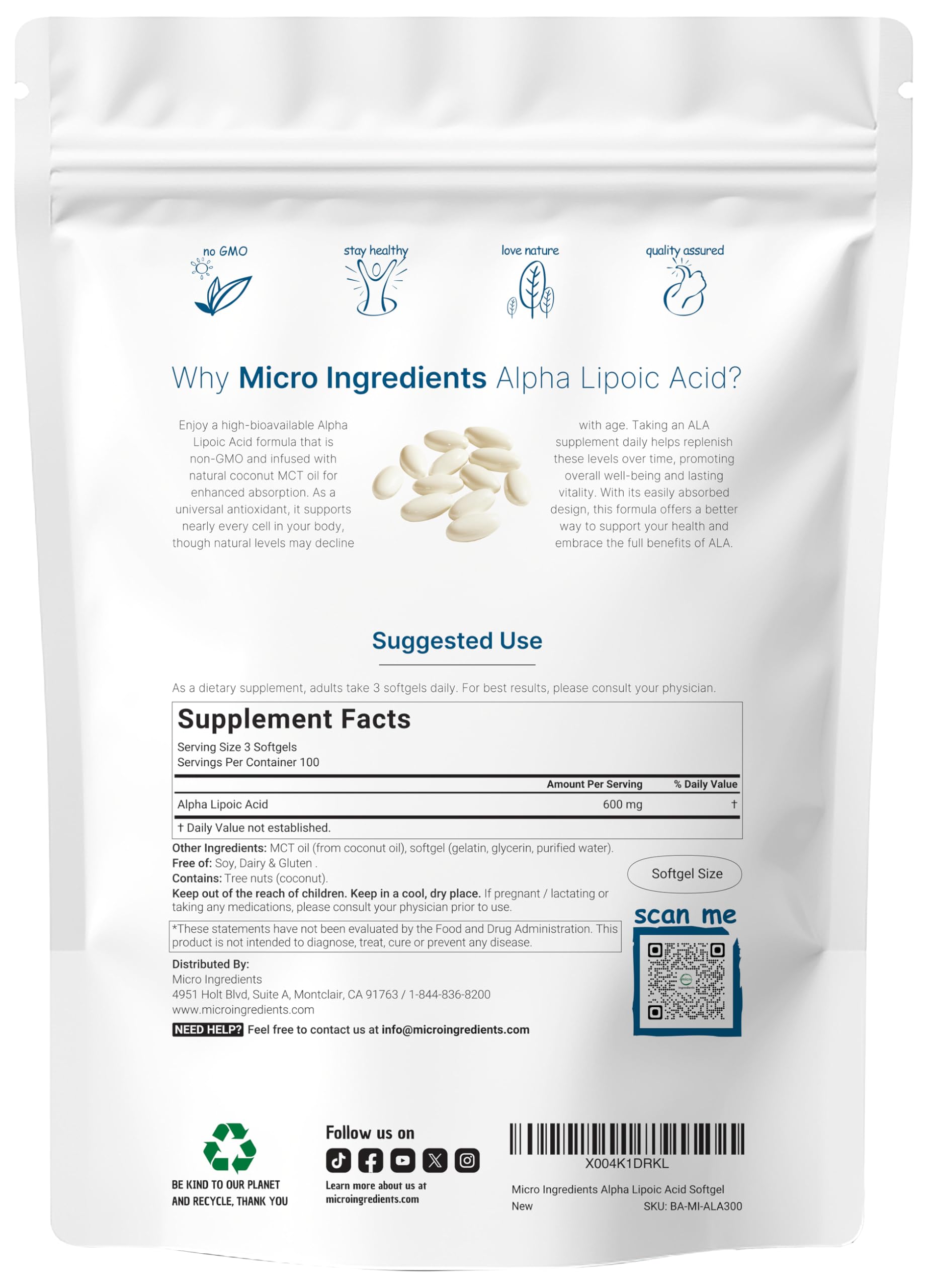 Micro Ingredients ALA supplement with MCT oil packaging showing non GMO and gluten free certifications