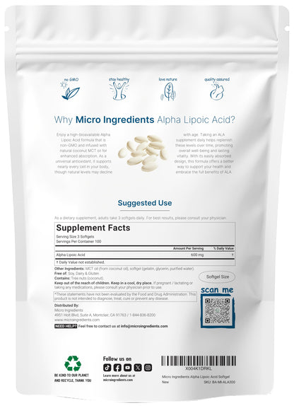 Micro Ingredients ALA supplement with MCT oil packaging showing non GMO and gluten free certifications