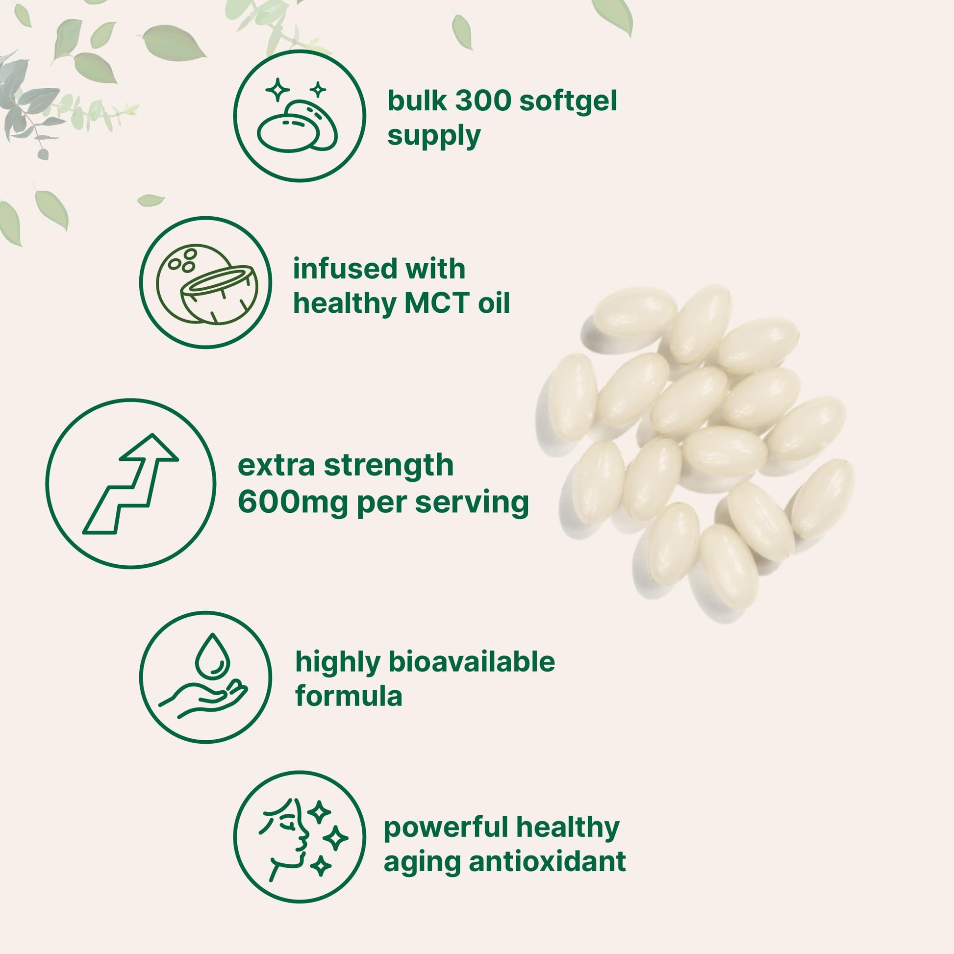 Close up of the 300 bioavailable softgels containing premium thioctic acid and coconut oil