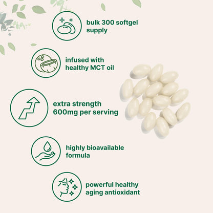 Close up of the 300 bioavailable softgels containing premium thioctic acid and coconut oil