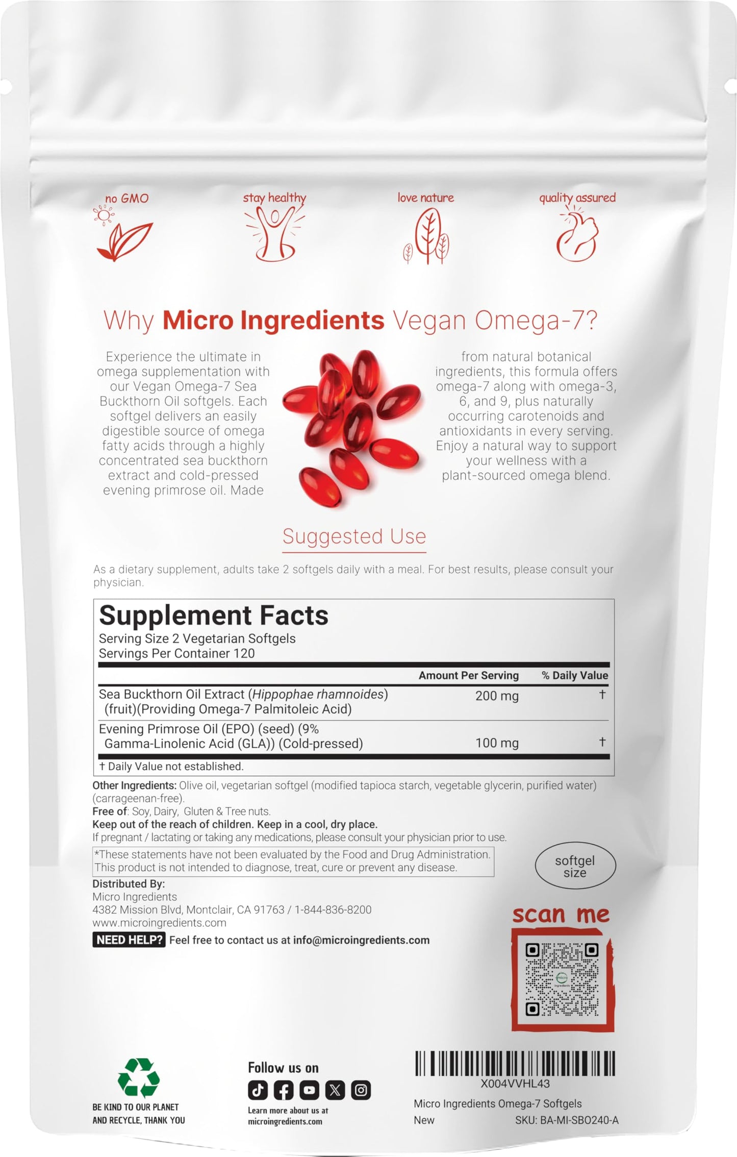 Micro Ingredients plant based Omega 7 supplement supplement facts label showing evening primrose oil ingredients.