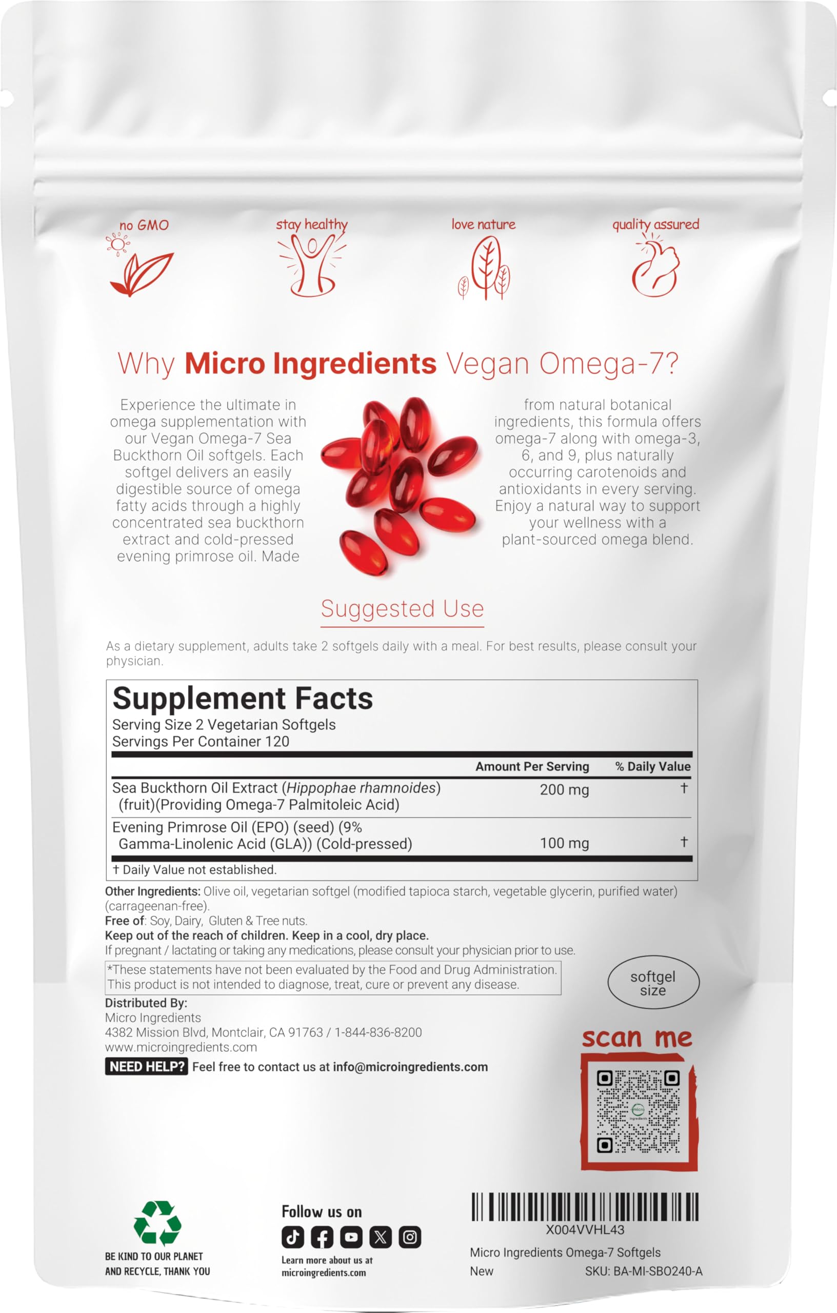 Micro Ingredients plant based Omega 7 supplement supplement facts label showing evening primrose oil ingredients.
