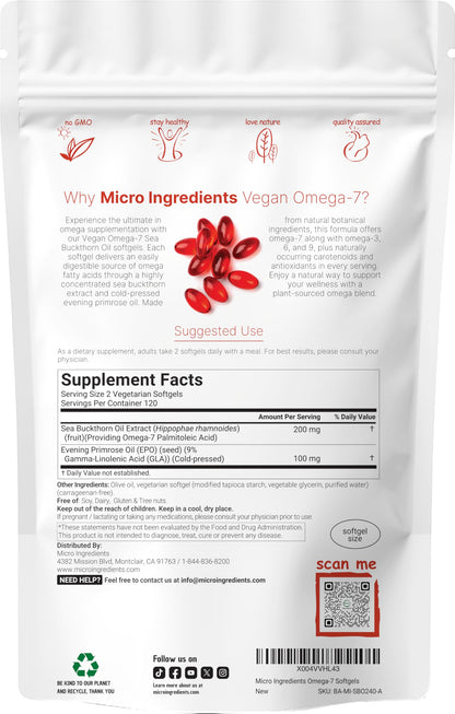 Micro Ingredients plant based Omega 7 supplement supplement facts label showing evening primrose oil ingredients.