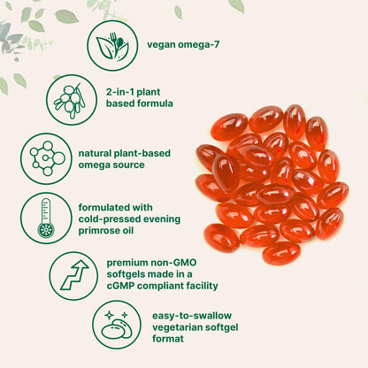 Micro Ingredients Omega 7 pouch highlighting the non GMO gluten free and carrageenan free certification badges.