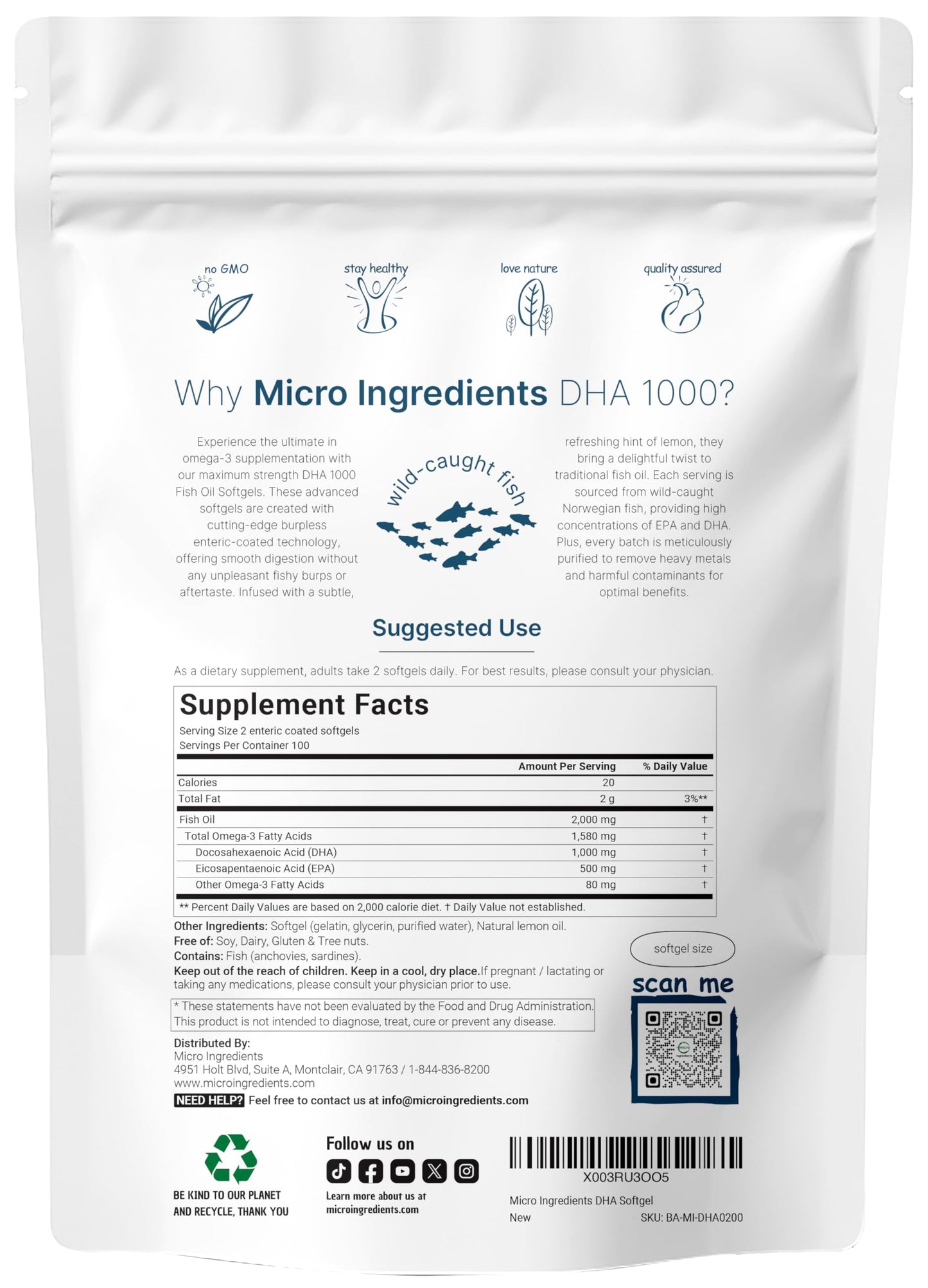 Micro Ingredients high potency omega fatty acid prenatal and kids supplement nutrition facts label detailing EPA and DHA levels.