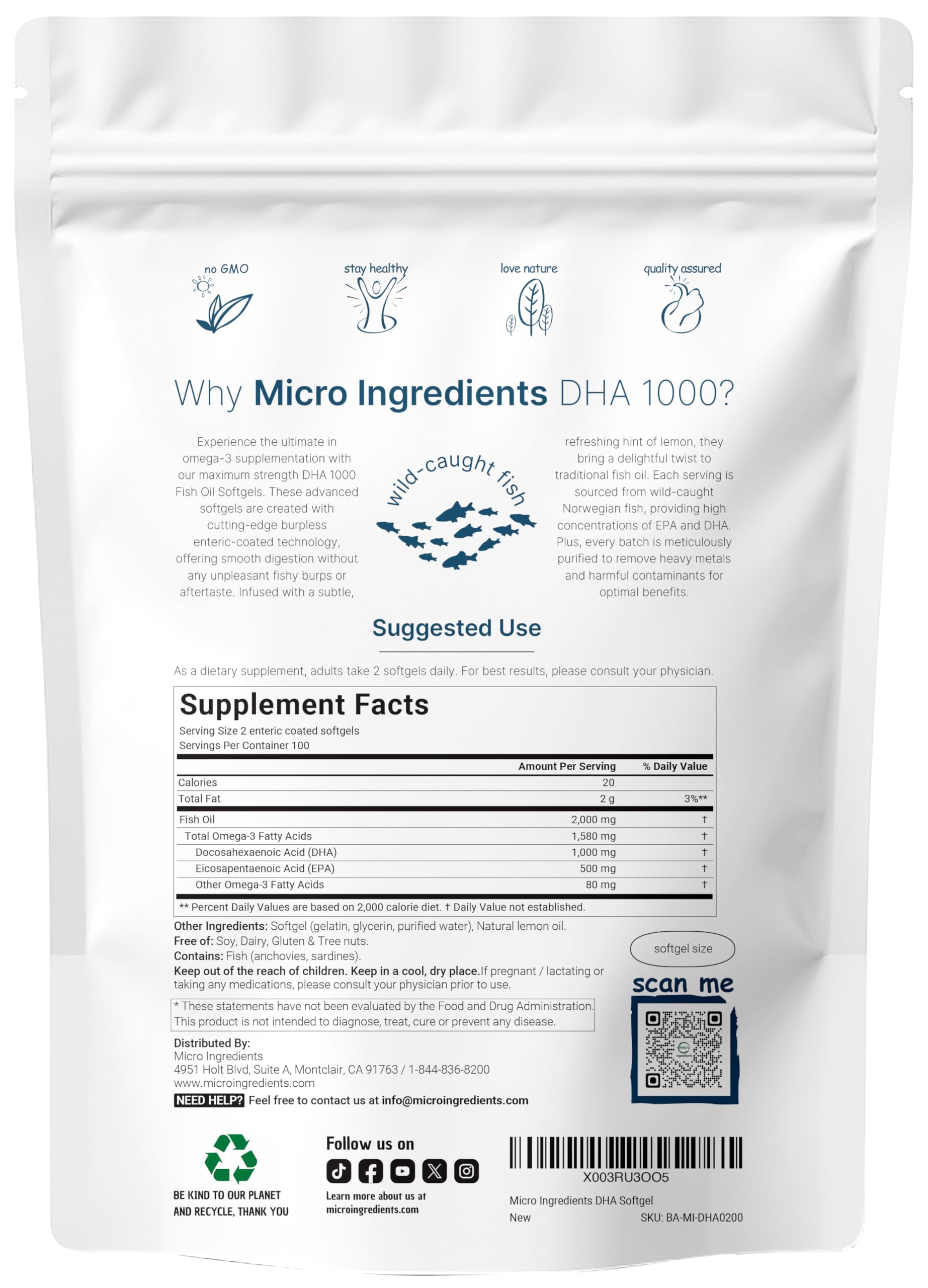Micro Ingredients high potency omega fatty acid prenatal and kids supplement nutrition facts label detailing EPA and DHA levels.