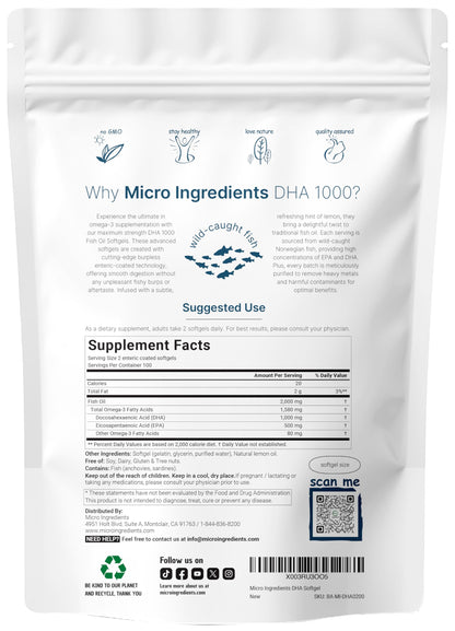 Micro Ingredients high potency omega fatty acid prenatal and kids supplement nutrition facts label detailing EPA and DHA levels.
