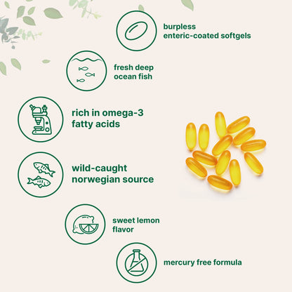 Wild caught Norwegian sea deep ocean fish oil dietary supplement certified mercury free and non-genetically modified organism.
